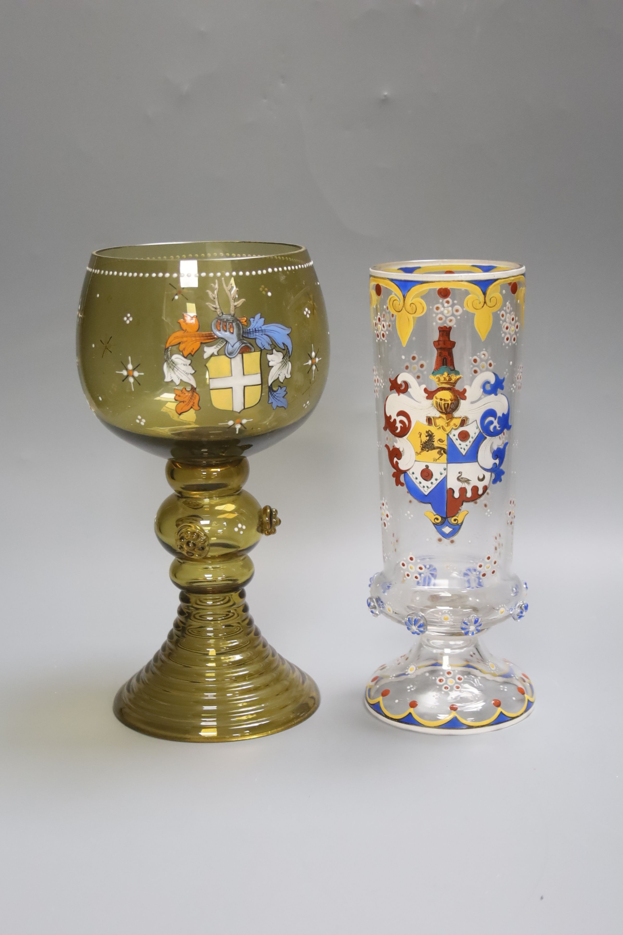A German Historismus armorial enamelled glass roemer and humpen 24cm